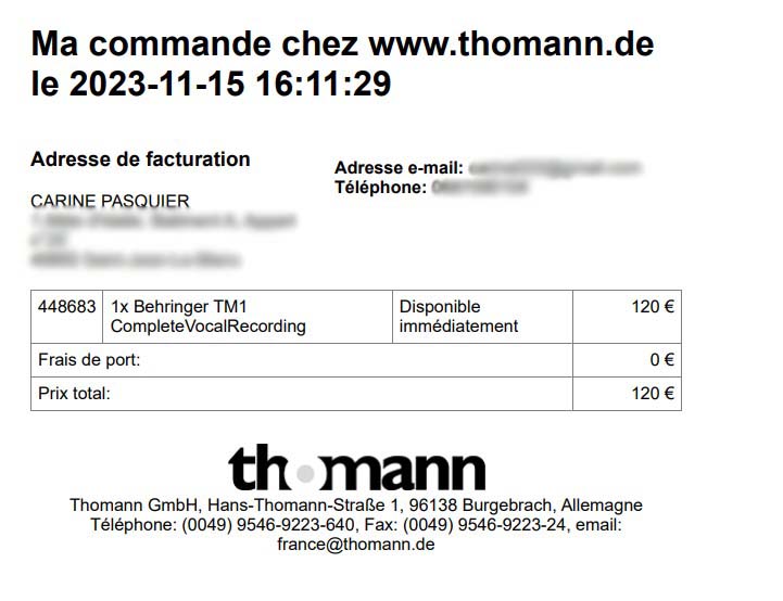 Biais cognitif de l'apogée : une page de confirmation de commande Thomann très succinte et épurée